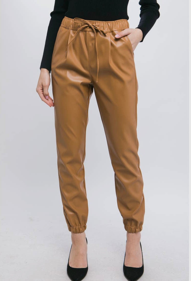 Camel faux 2025 leather joggers